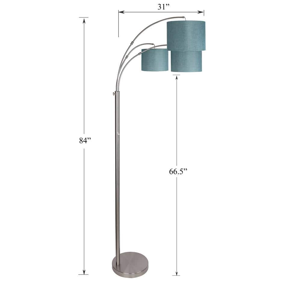 GRANDVIEW GALLERY 84 in. Brushed Nickel Floor Lamp with 3-Lights Arched Design and Turquoise Linen Shades