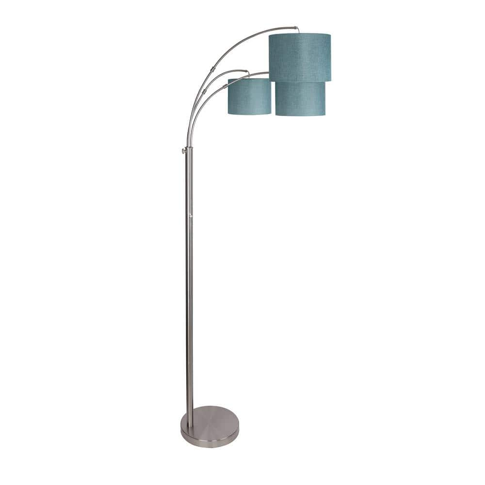 GRANDVIEW GALLERY 84 in. Brushed Nickel Floor Lamp with 3-Lights Arched Design and Turquoise Linen Shades