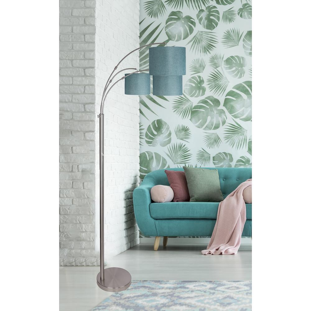 GRANDVIEW GALLERY 84 in. Brushed Nickel Floor Lamp with 3-Lights Arched Design and Turquoise Linen Shades