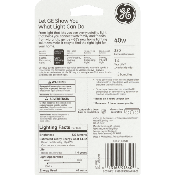 GE Incandescent 40-Watt, G16.5 Crystal Clear Decorative Mini Globe Light Bulbs , E12 Small Base, 1-Year Life, 2pk