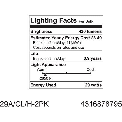 GE Lighting Clear 78795 Energy-Efficient Crystal 29 (40-watt replacement) 430-Lumen A19 Light Bulb with Medium Base, 2-Pack, 2 Count