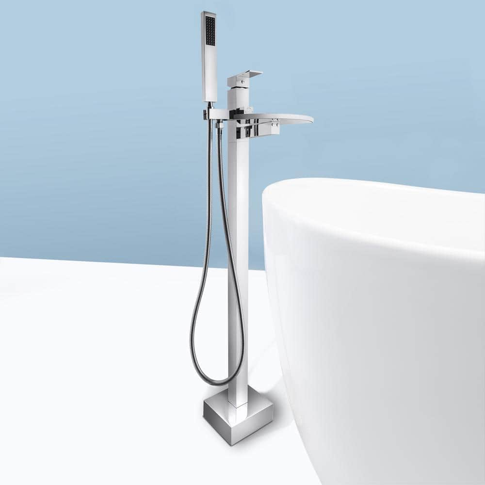 AKDY 1-Handle Freestanding Floor Mount Roman Tub Faucet Bathtub Filler with Waterfall Style and Hand Shower in Chrome