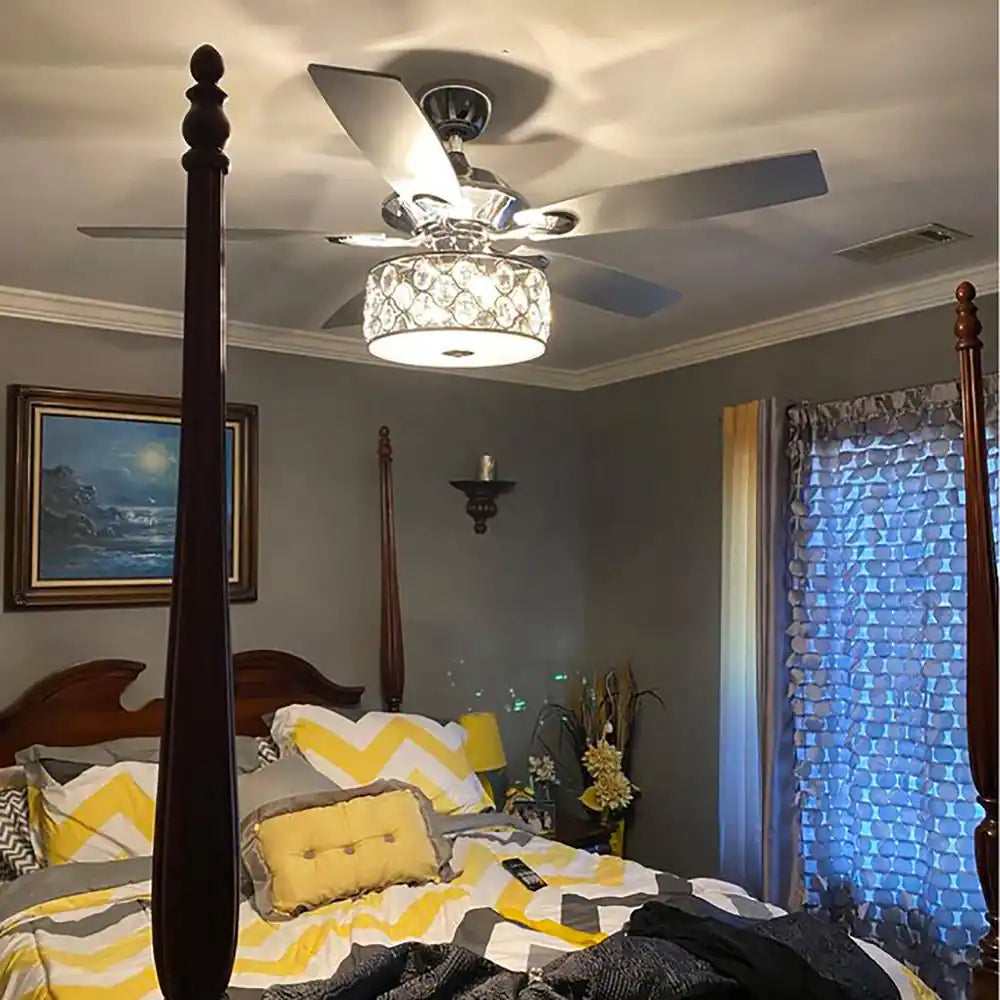 Parrot Uncle Huber 52 in. Indoor Chrome Downrod Mount Crystal Chandelier Ceiling Fan with Light Kit and Remote Control