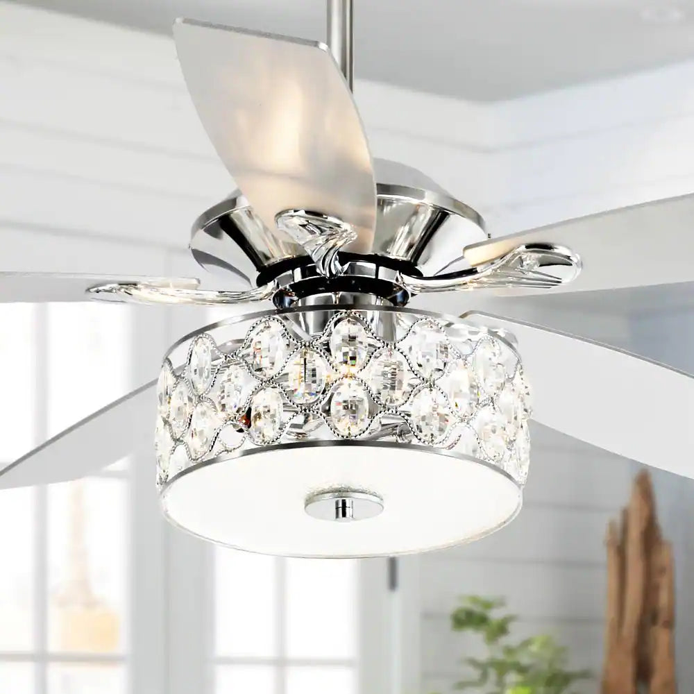 Parrot Uncle Huber 52 in. Indoor Chrome Downrod Mount Crystal Chandelier Ceiling Fan with Light Kit and Remote Control