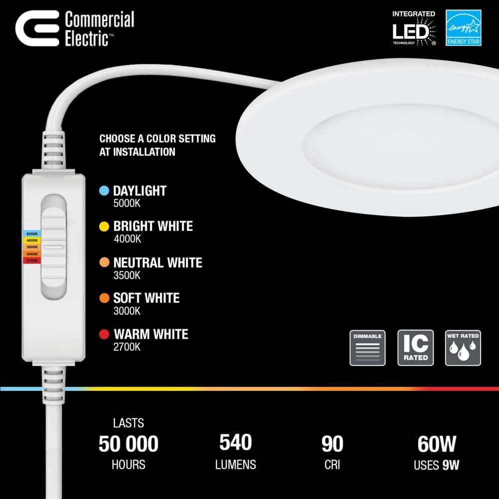 Commercial Electric Ultra Slim 4 in. Color Selectable New Construction and Remodel Canless Recessed Integrated LED Kit