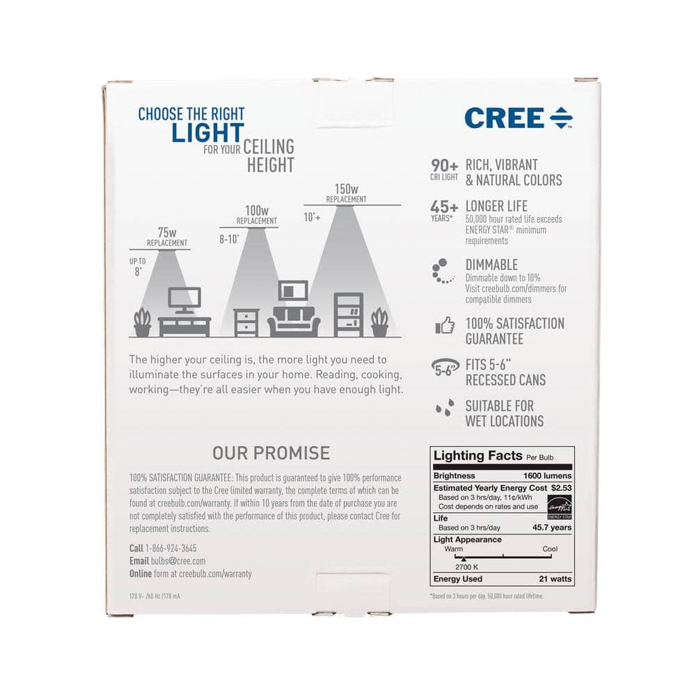 Cree 6 in. 150-Watt Equivalent 2700K Soft White Integrated LED Recessed Downlight Retrofit Trim