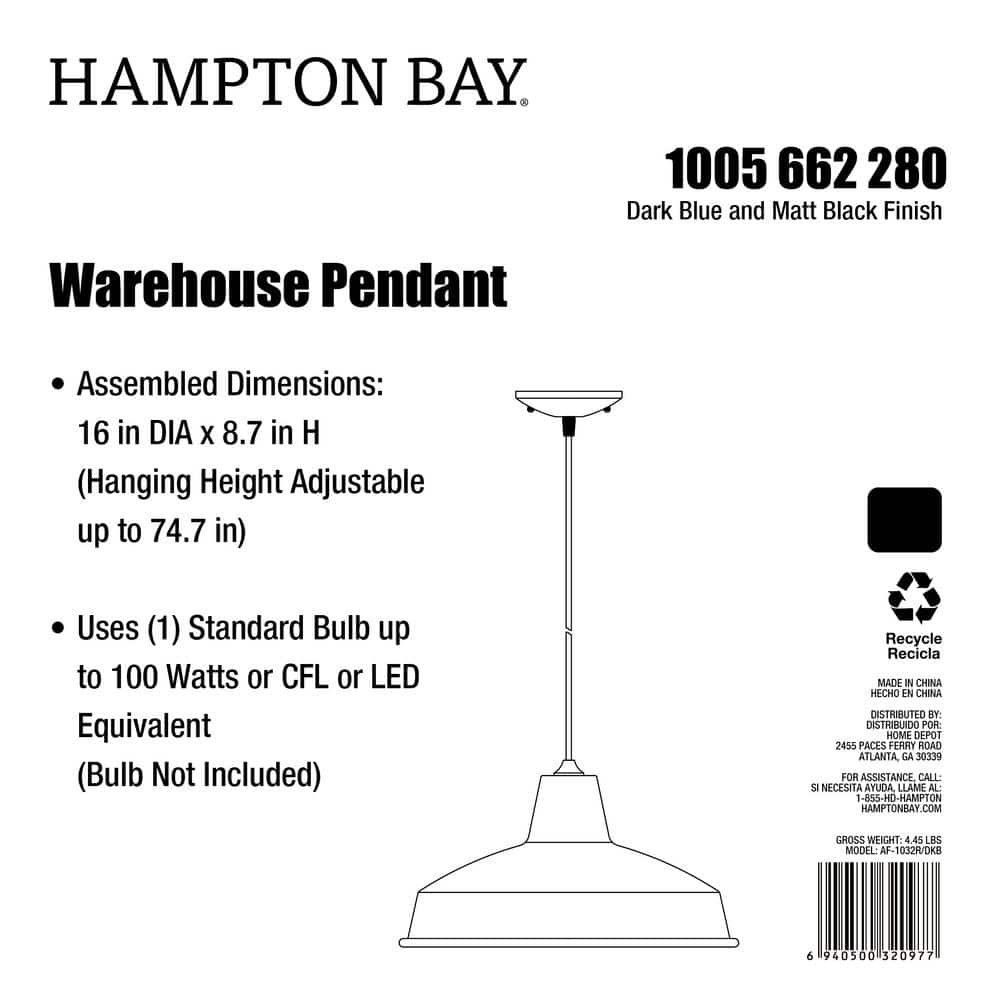 Hampton Bay 1-Light Dark Blue Warehouse Pendant with Metal Shade