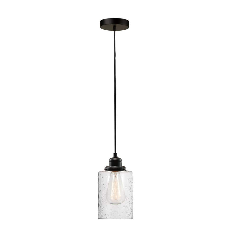 Globe Electric Annecy 1-Light Plug-In or Hardwire Dark Bronze Pendant Light with Seeded Glass Shade