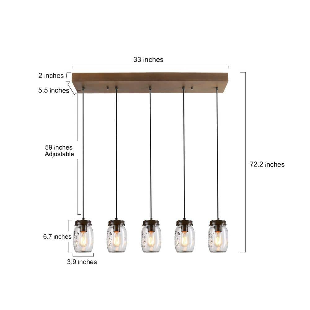 LNC Modern Farmhouse Wood DIY Island Chandelier 5-Light Industrial Dark Brown Linear Pendant Light with Mason Jar Shade