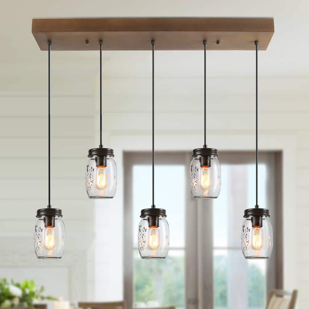 LNC Modern Farmhouse Wood DIY Island Chandelier 5-Light Industrial Dark Brown Linear Pendant Light with Mason Jar Shade