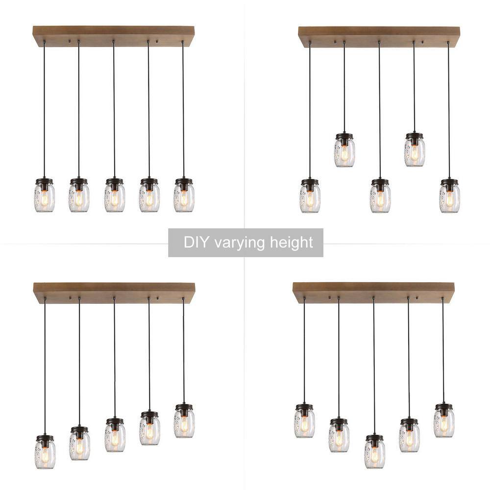 LNC Modern Farmhouse Wood DIY Island Chandelier 5-Light Industrial Dark Brown Linear Pendant Light with Mason Jar Shade