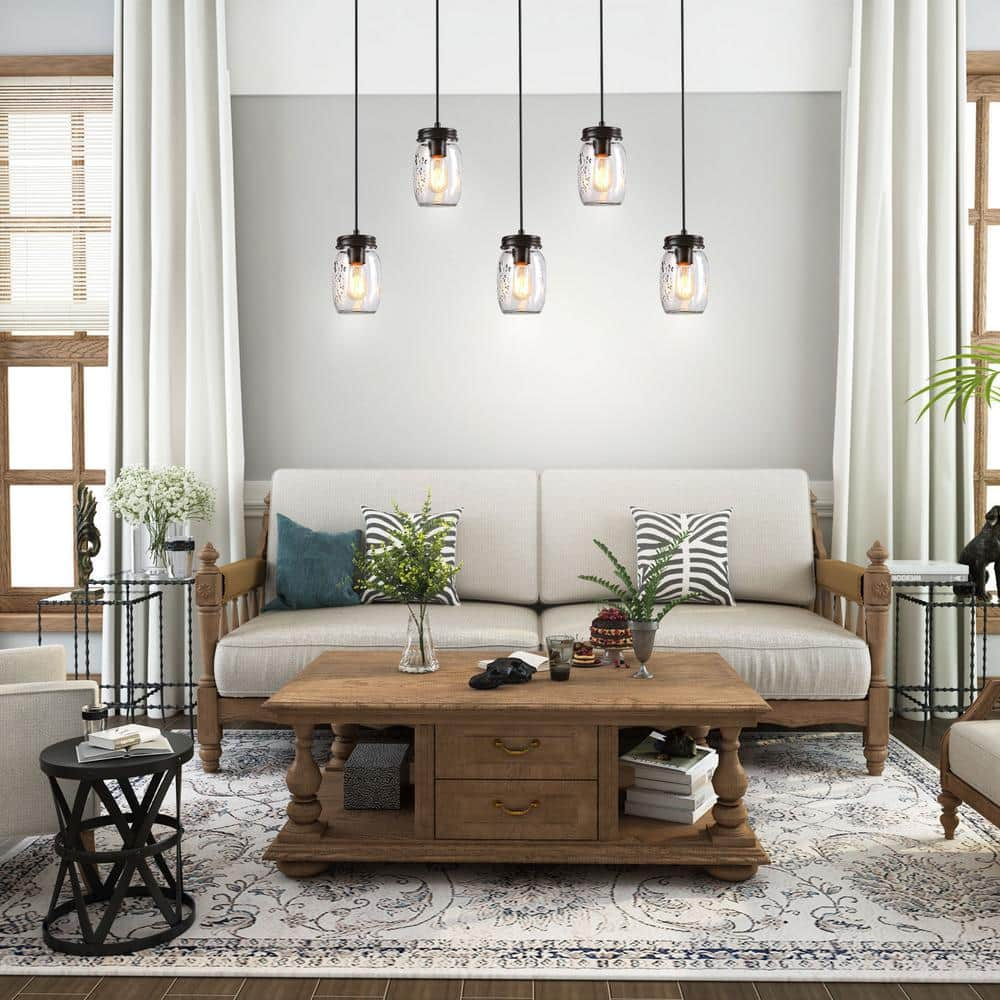 LNC Modern Farmhouse Wood DIY Island Chandelier 5-Light Industrial Dark Brown Linear Pendant Light with Mason Jar Shade