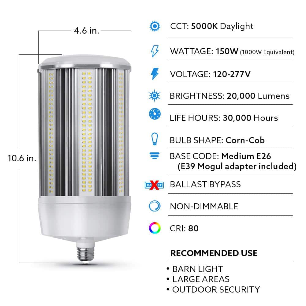 1000-Watt Equivalent Corn Cob High Lumen Daylight (5000K) HID Utility LED Light Bulb