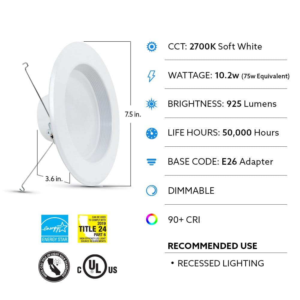 Feit Electric 5/6 in. 75W Equivalent Soft White 2700K Dimmable CEC Integrated LED Retrofit White Recessed Light Trim Downlight(6-Pack)