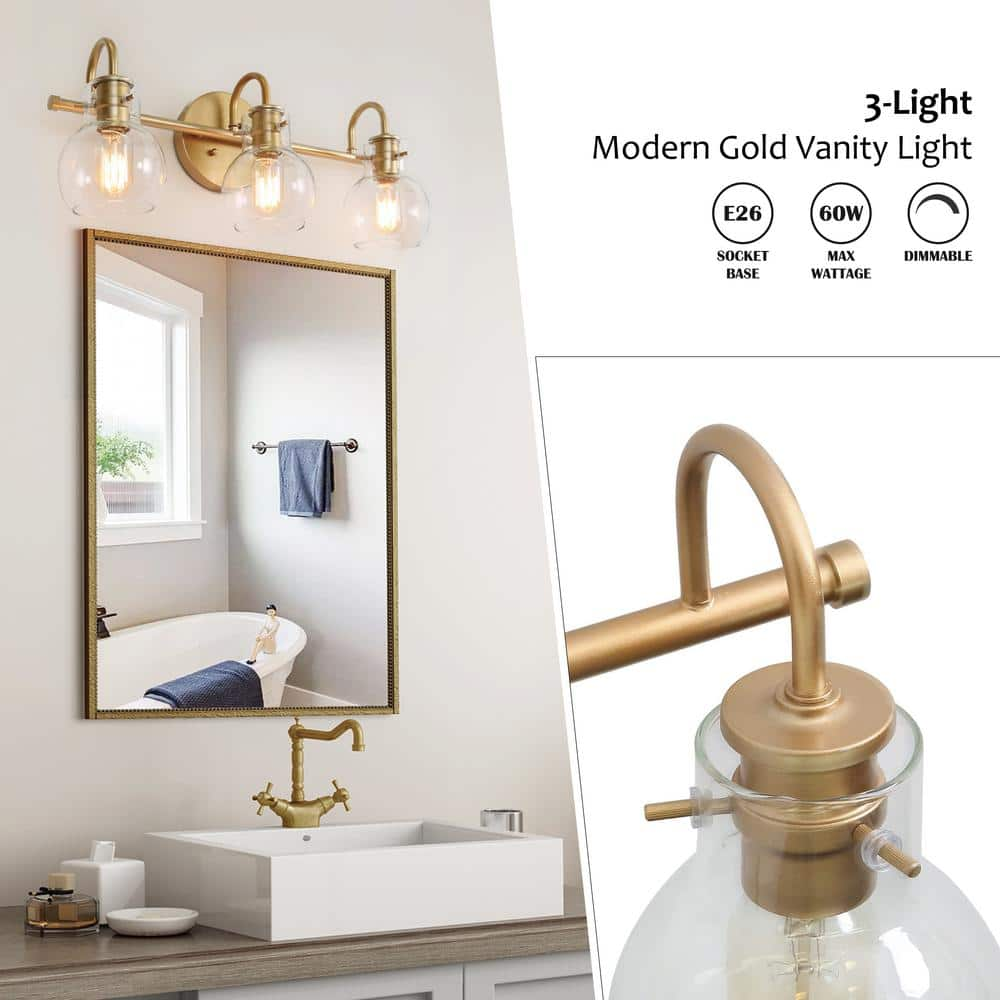 LALUZ Stockton Modern 3-Light Gold Bathroom Vanity Light Powder Room Wall Sconce with Clear Globe Glass Shades