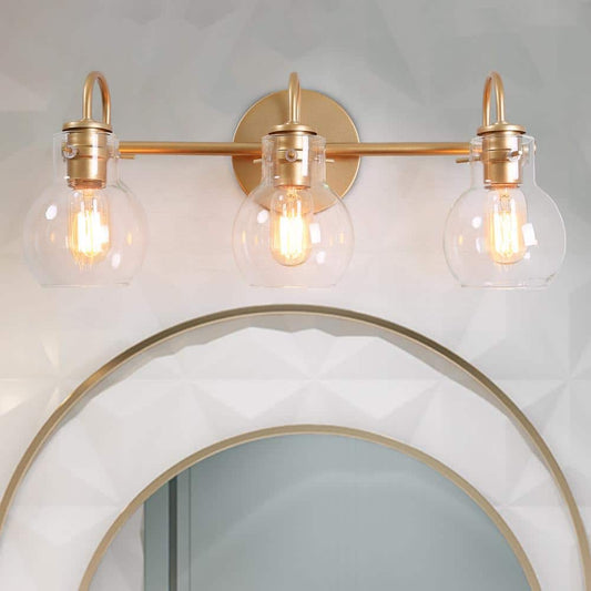 LALUZ Stockton Modern 3-Light Gold Bathroom Vanity Light Powder Room Wall Sconce with Clear Globe Glass Shades