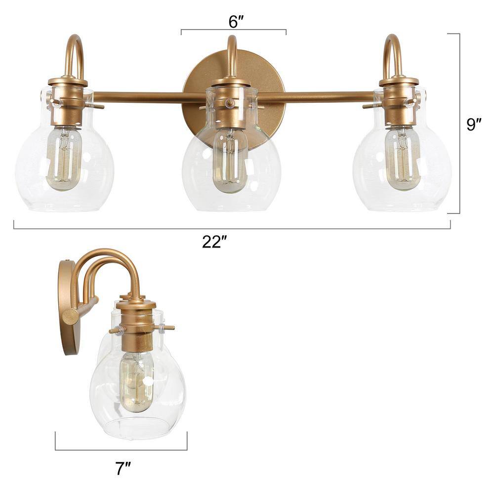 LALUZ Stockton Modern 3-Light Gold Bathroom Vanity Light Powder Room Wall Sconce with Clear Globe Glass Shades