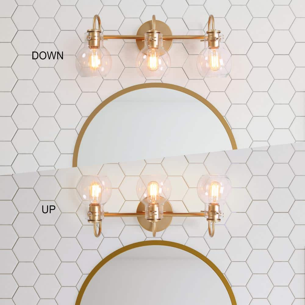 LALUZ Stockton Modern 3-Light Gold Bathroom Vanity Light Powder Room Wall Sconce with Clear Globe Glass Shades