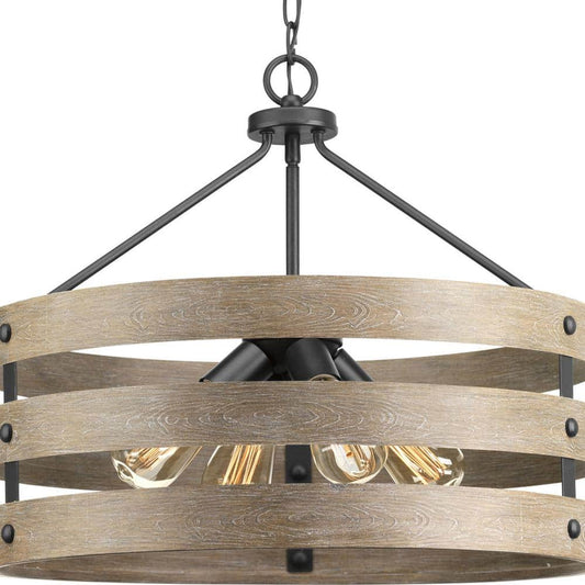 Progress Lighting Gulliver Collection 21-1/2 in. 4-Light Graphite Farmhouse Drum Pendant with Weathered Gray Wood Accents