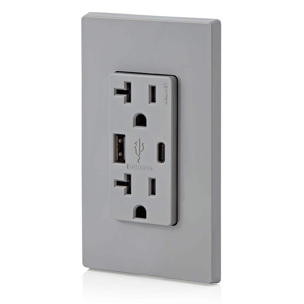 20 Amp Type A and Type-C USB Charger/Tamper Resistant Receptacle, Gray