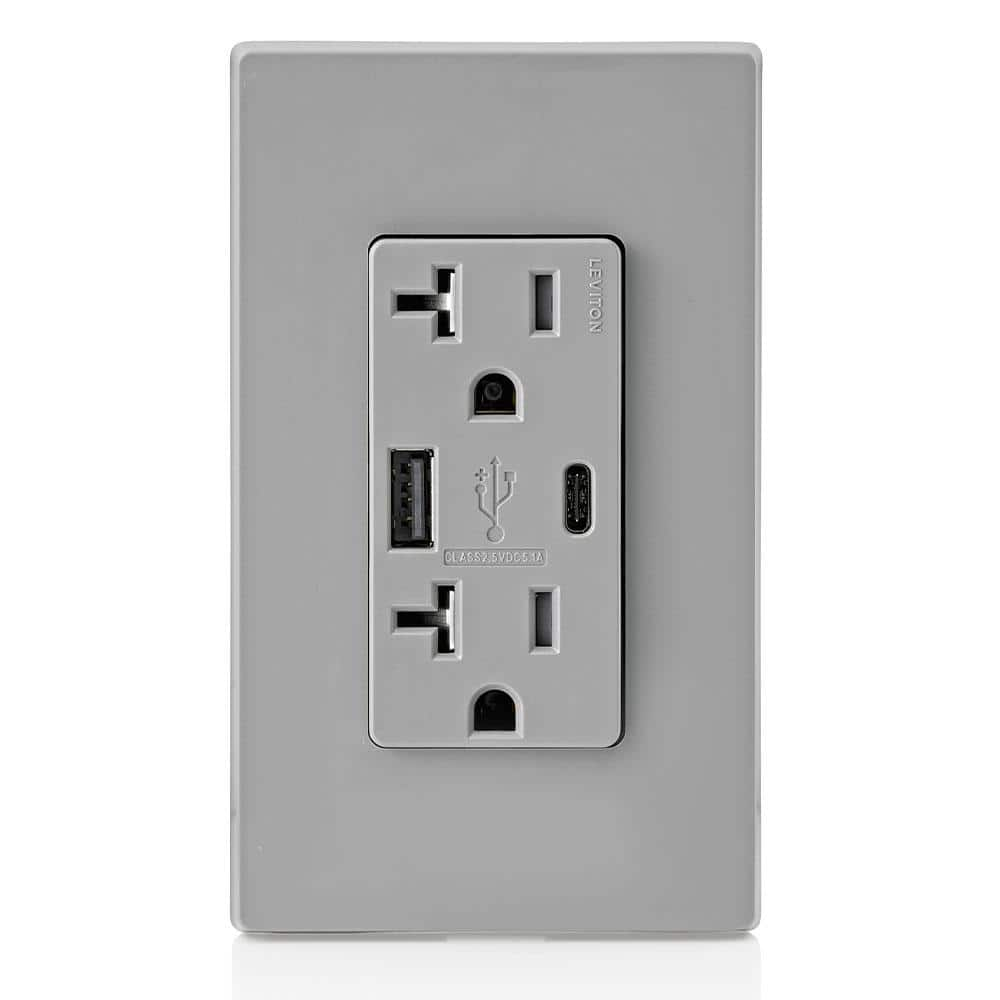 20 Amp Type A and Type-C USB Charger/Tamper Resistant Receptacle, Gray