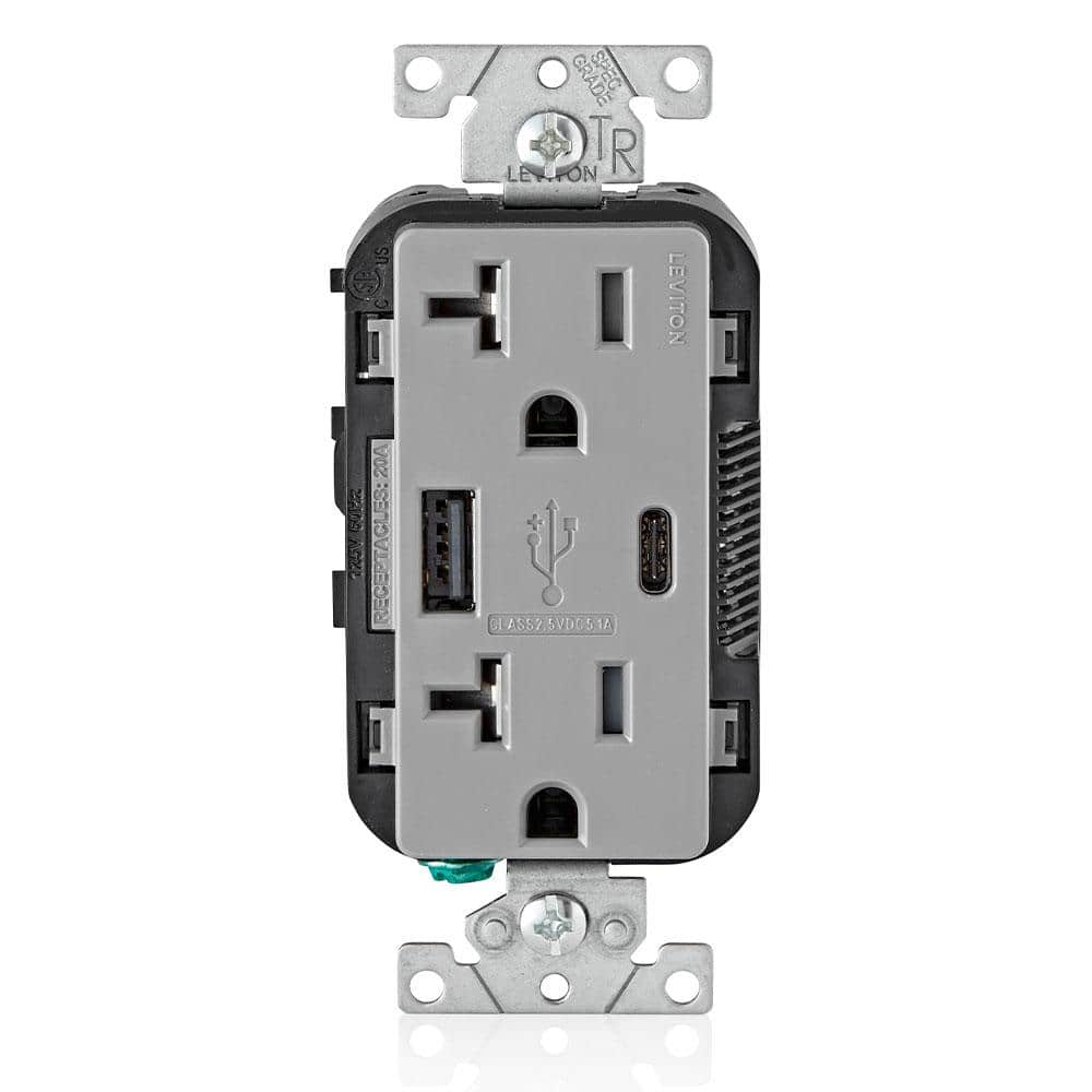 20 Amp Type A and Type-C USB Charger/Tamper Resistant Receptacle, Gray