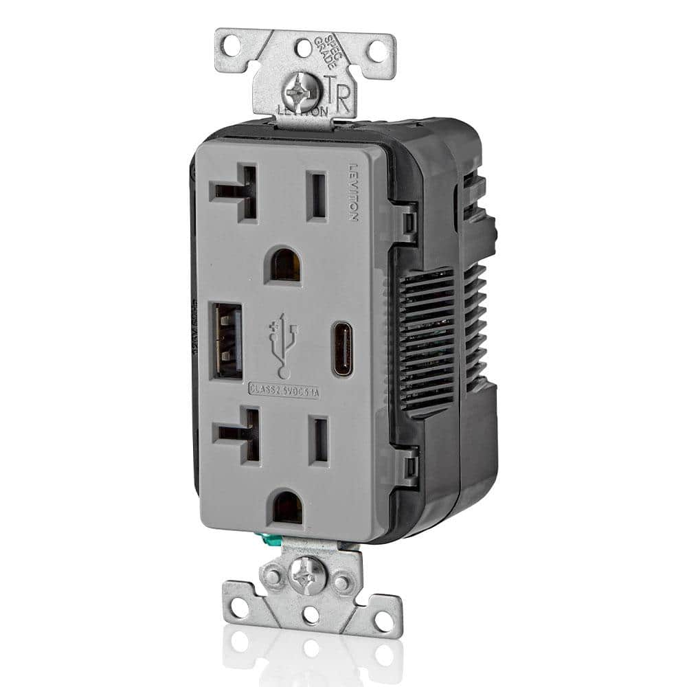 20 Amp Type A and Type-C USB Charger/Tamper Resistant Receptacle, Gray