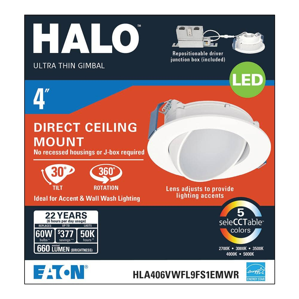 HALO HLA 4 in. Color Selectable (2700K-5000K) Canless Recessed Wide Beam Adjustable Gimbal Trim Integrated LED Kit