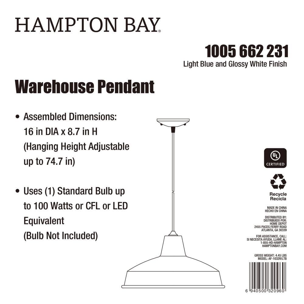 Hampton Bay 1-Light Light Blue Warehouse Pendant with Metal Shade