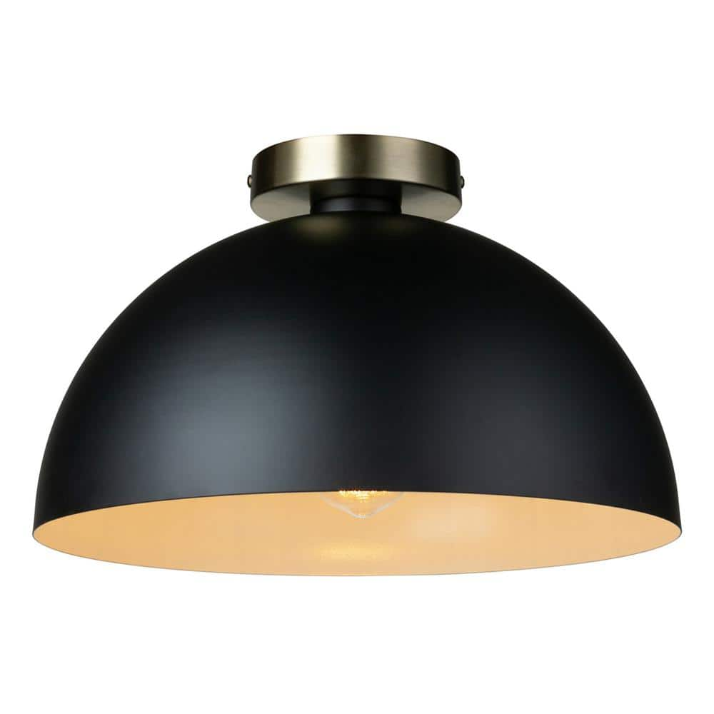 Globe Electric Monica 14 in. 1-Light Matte Black Semi-Flush Mount with Gold Accent, Incandescent Bulb Included