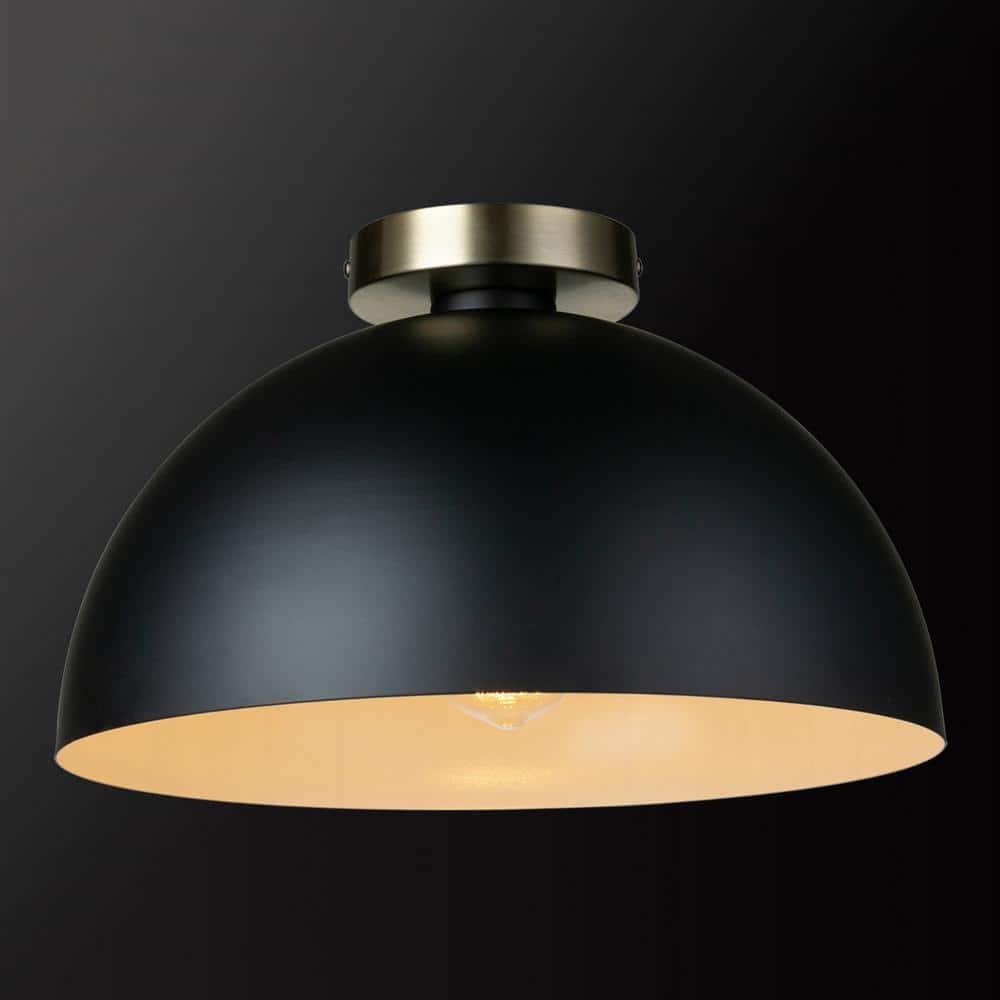 Globe Electric Monica 14 in. 1-Light Matte Black Semi-Flush Mount with Gold Accent, Incandescent Bulb Included