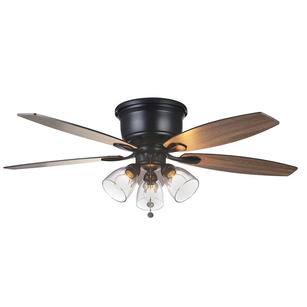 Hampton Bay Stoneridge 52 in. Indoor LED Matte Black Hugger Ceiling Fan with Light Kit, 5 Reversible Blades and Reversible Motor