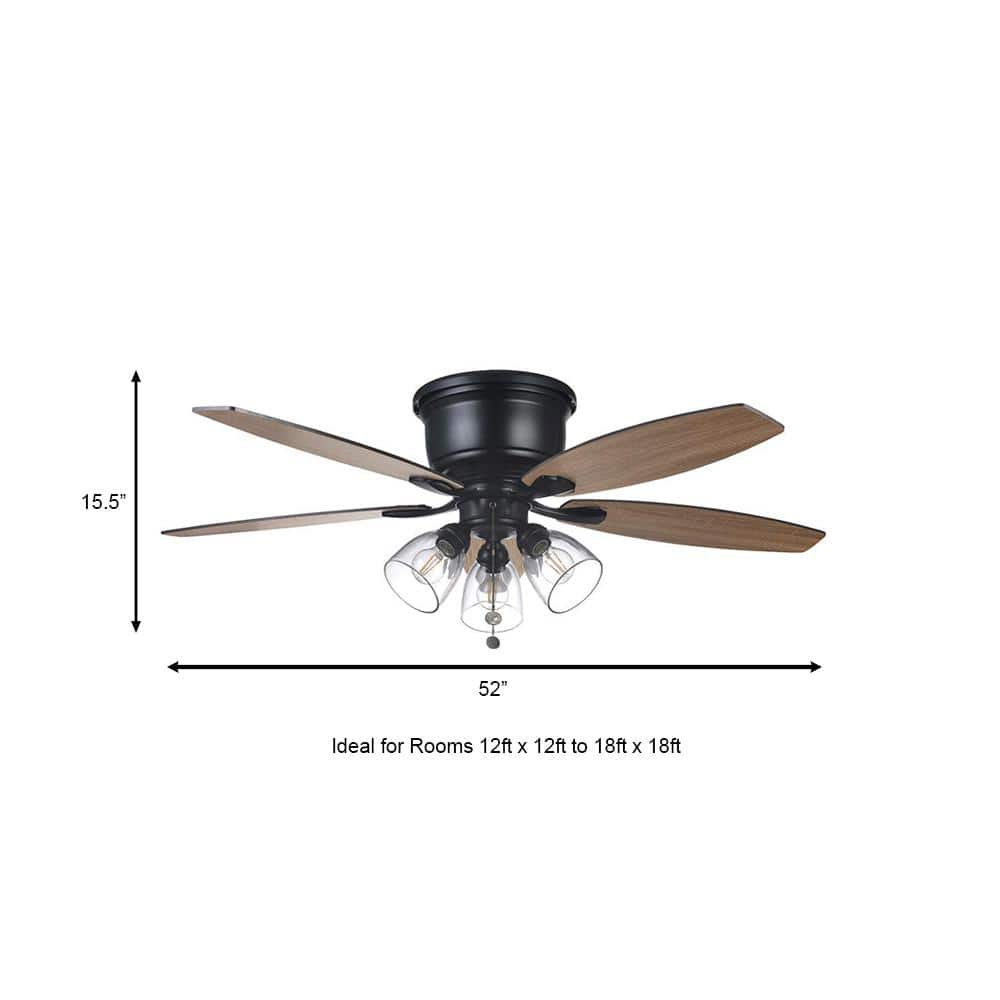 Hampton Bay Stoneridge 52 in. Indoor LED Matte Black Hugger Ceiling Fan with Light Kit, 5 Reversible Blades and Reversible Motor