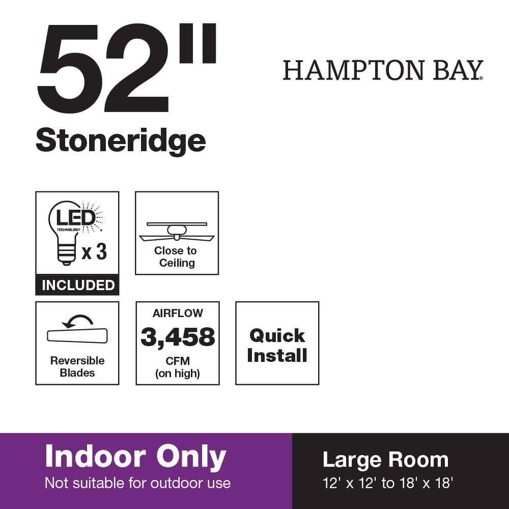 Hampton Bay Stoneridge 52 in. Indoor LED Matte Black Hugger Ceiling Fan with Light Kit, 5 Reversible Blades and Reversible Motor