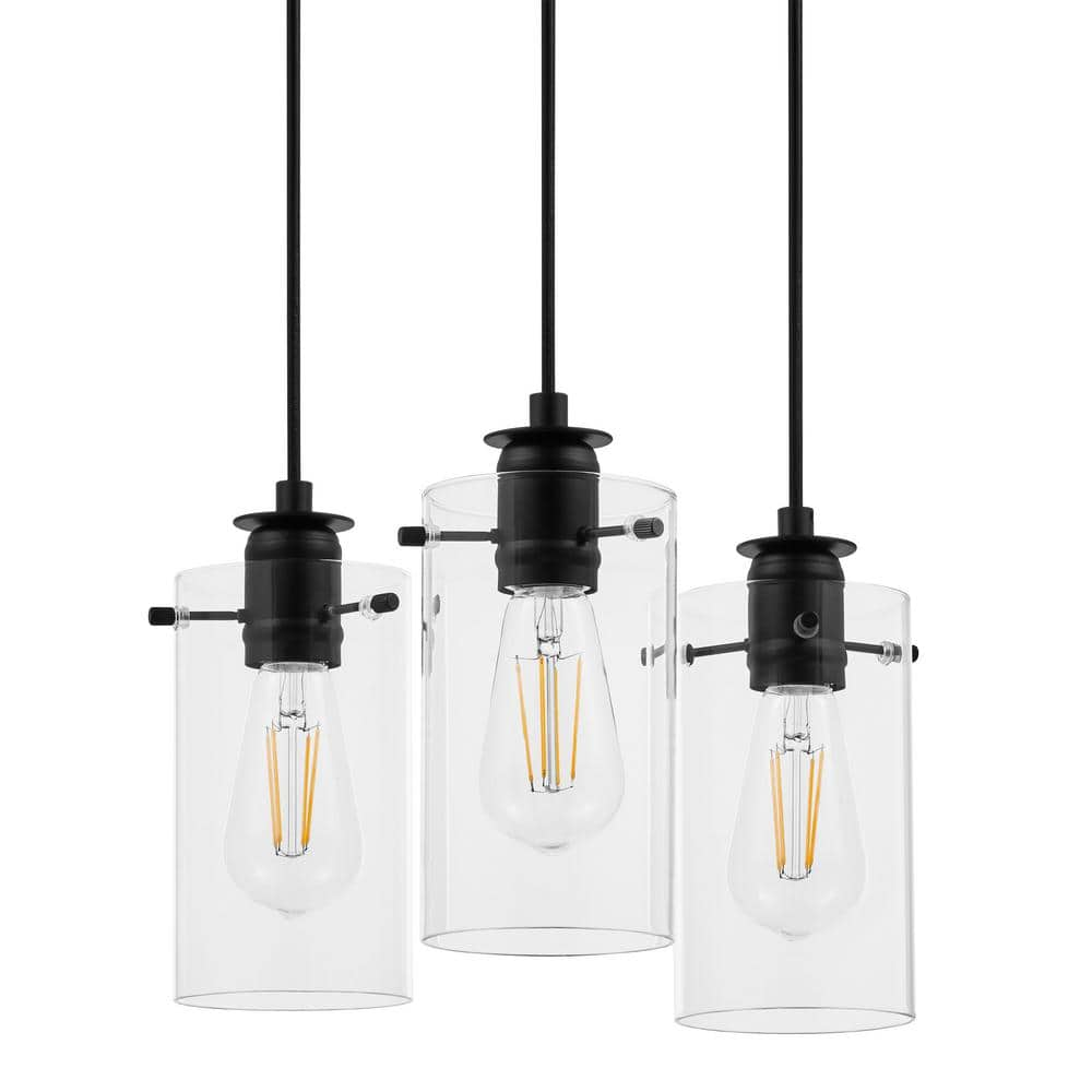 Hampton Bay Regan 3-Light Matte Black Pendant Hanging Light with Clear Glass Shades, Industrial Kitchen Pendant Lighting