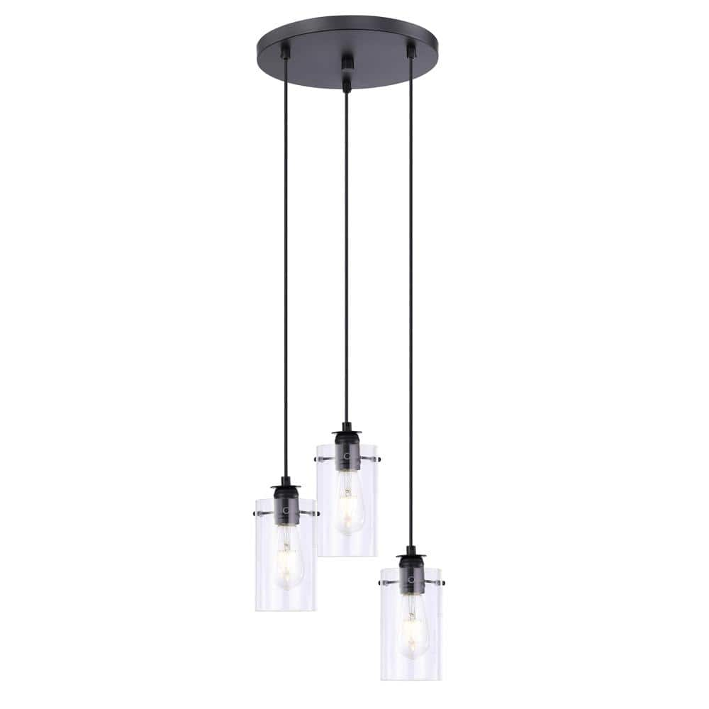 Hampton Bay Regan 3-Light Matte Black Pendant Hanging Light with Clear Glass Shades, Industrial Kitchen Pendant Lighting