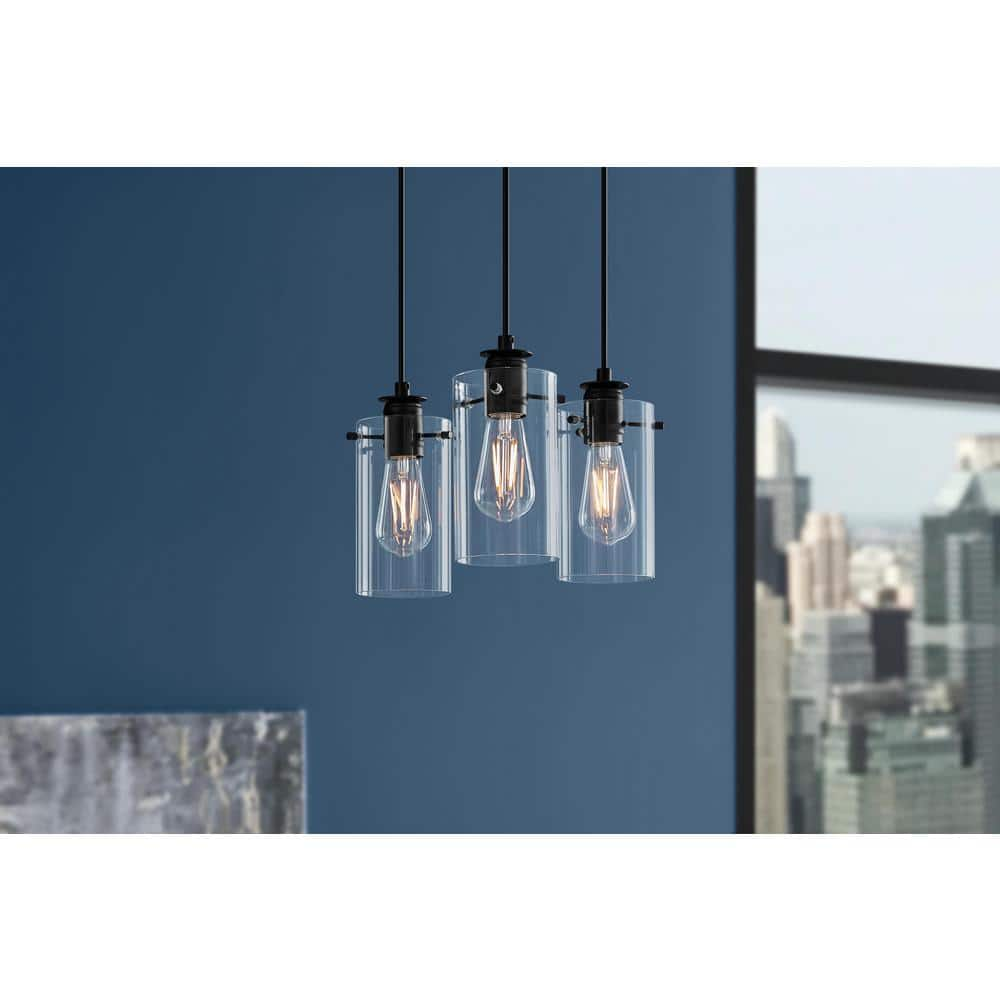 Hampton Bay Regan 3-Light Matte Black Pendant Hanging Light with Clear Glass Shades, Industrial Kitchen Pendant Lighting