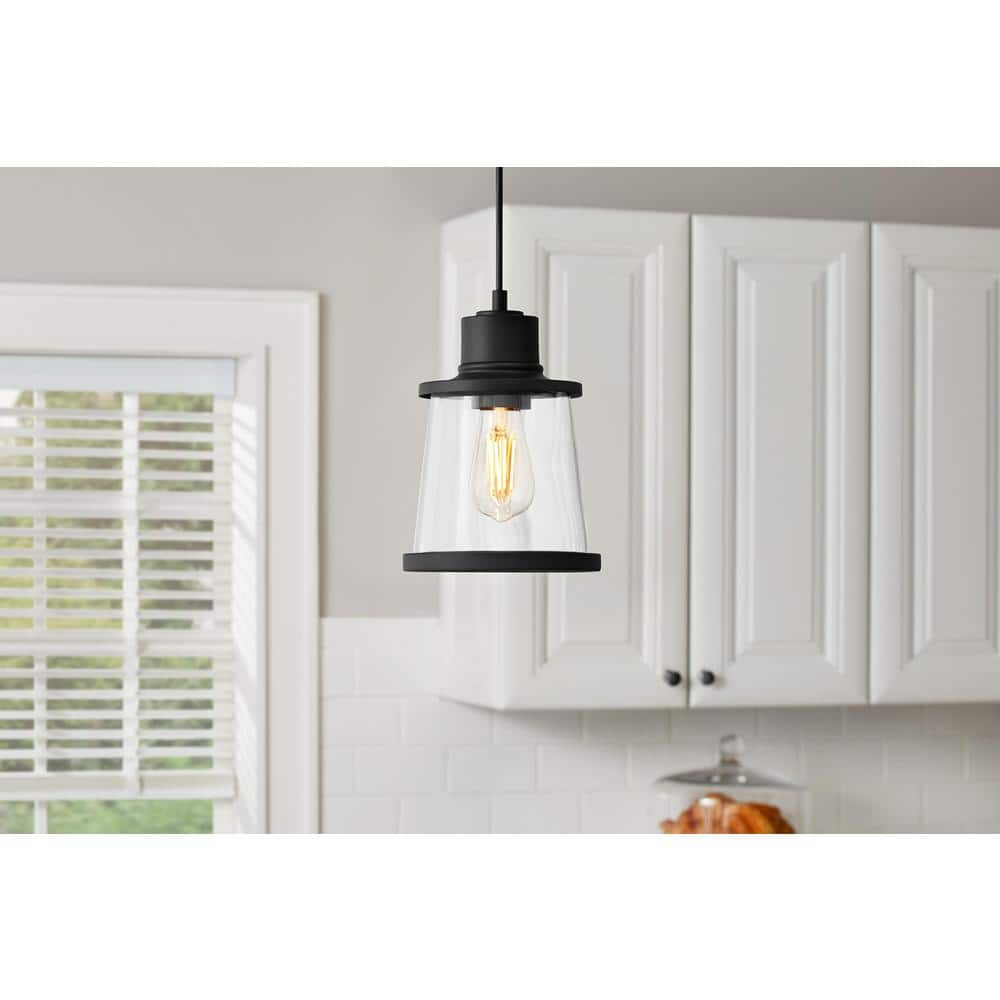 Hampton Bay Rigby 1-Light Matte Black Mini Pendant, Farmhouse Hanging Light, Kitchen Pendant Lighting