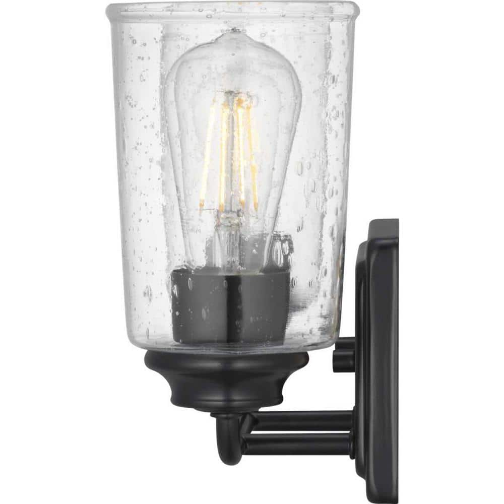 Hampton Bay Evangeline 13.625 in. 2-Light Matte Black Farmhouse Bathroom Vanity Light with Clear Seeded Glass Shades