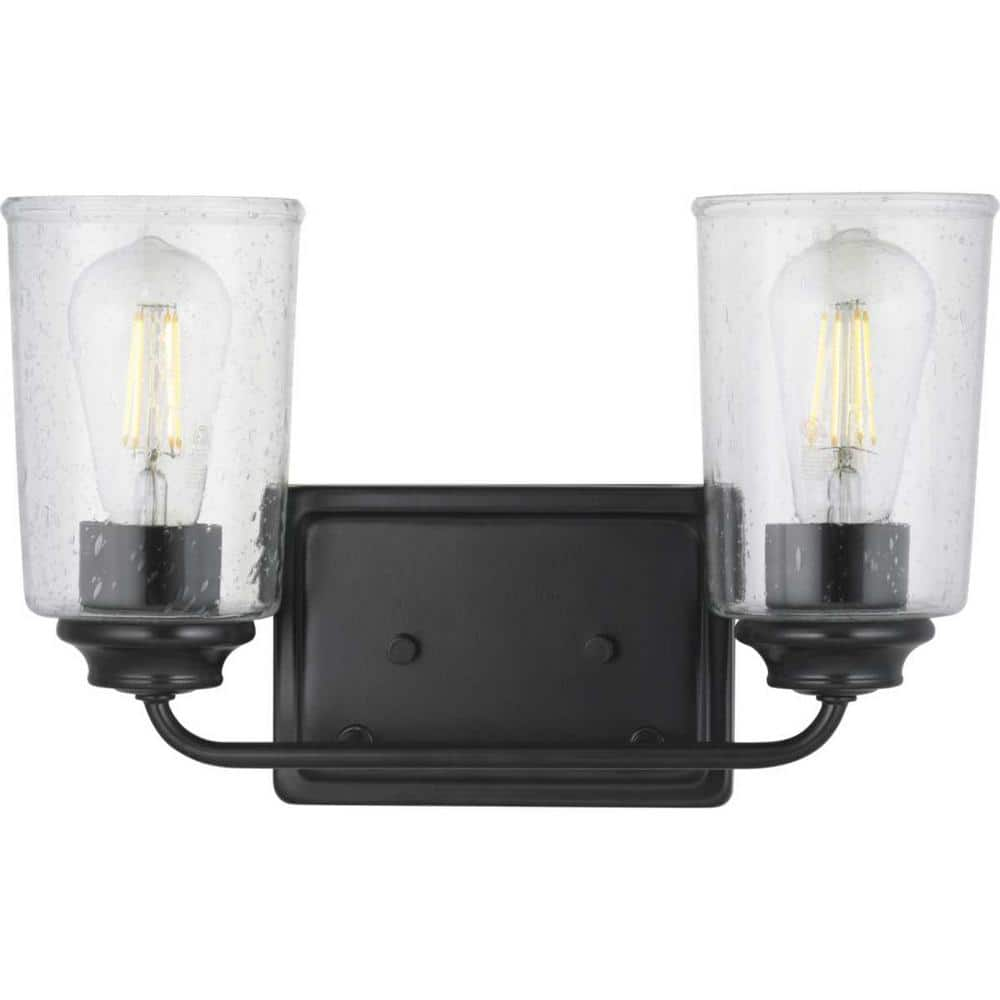 Hampton Bay Evangeline 13.625 in. 2-Light Matte Black Farmhouse Bathroom Vanity Light with Clear Seeded Glass Shades