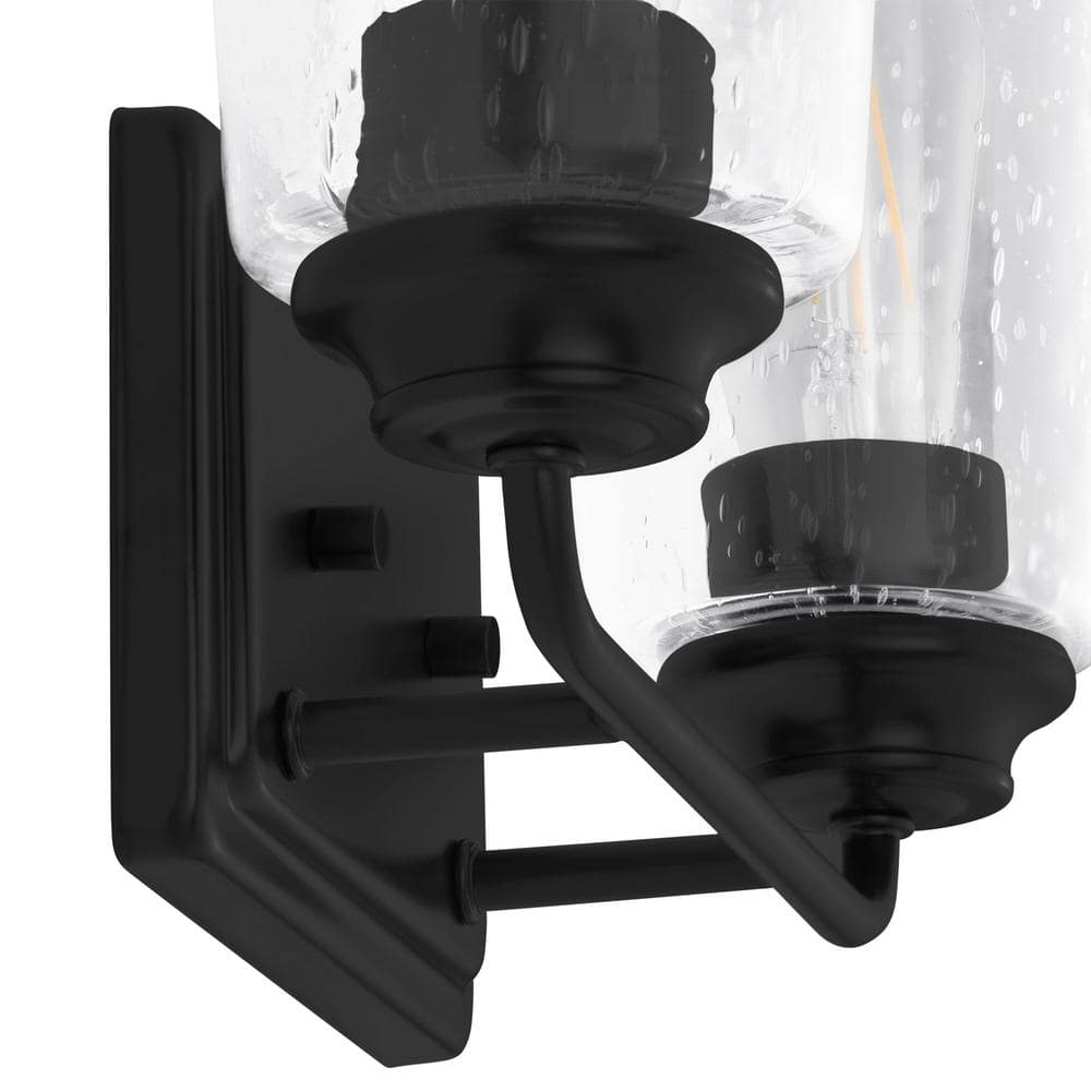 Hampton Bay Evangeline 13.625 in. 2-Light Matte Black Farmhouse Bathroom Vanity Light with Clear Seeded Glass Shades