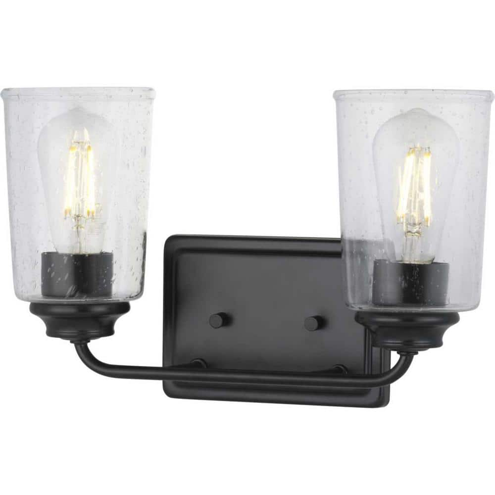 Hampton Bay Evangeline 13.625 in. 2-Light Matte Black Farmhouse Bathroom Vanity Light with Clear Seeded Glass Shades