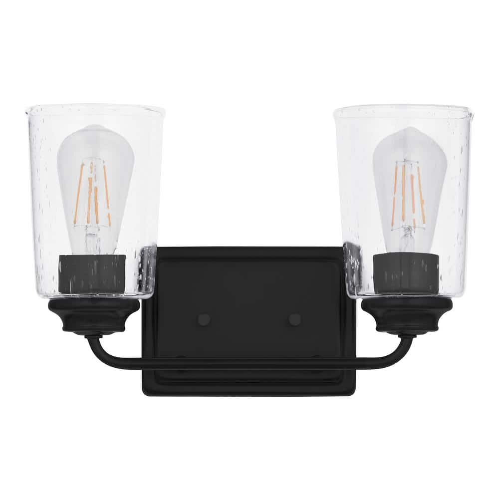 Hampton Bay Evangeline 13.625 in. 2-Light Matte Black Farmhouse Bathroom Vanity Light with Clear Seeded Glass Shades