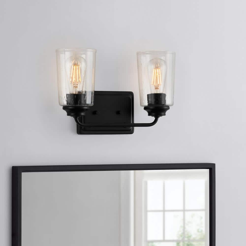 Hampton Bay Evangeline 13.625 in. 2-Light Matte Black Farmhouse Bathroom Vanity Light with Clear Seeded Glass Shades