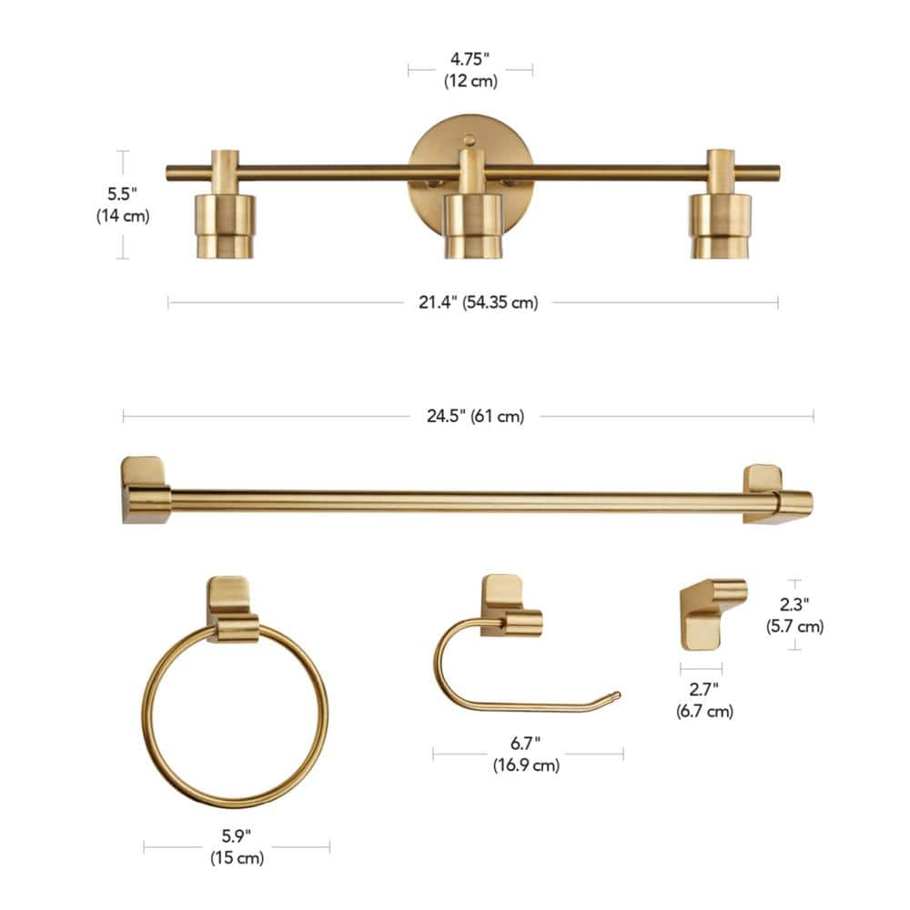 Globe Electric Alexandria 21.4 in. 3-Light Matte Brass Vanity Light with Bath Set (5-Piece)