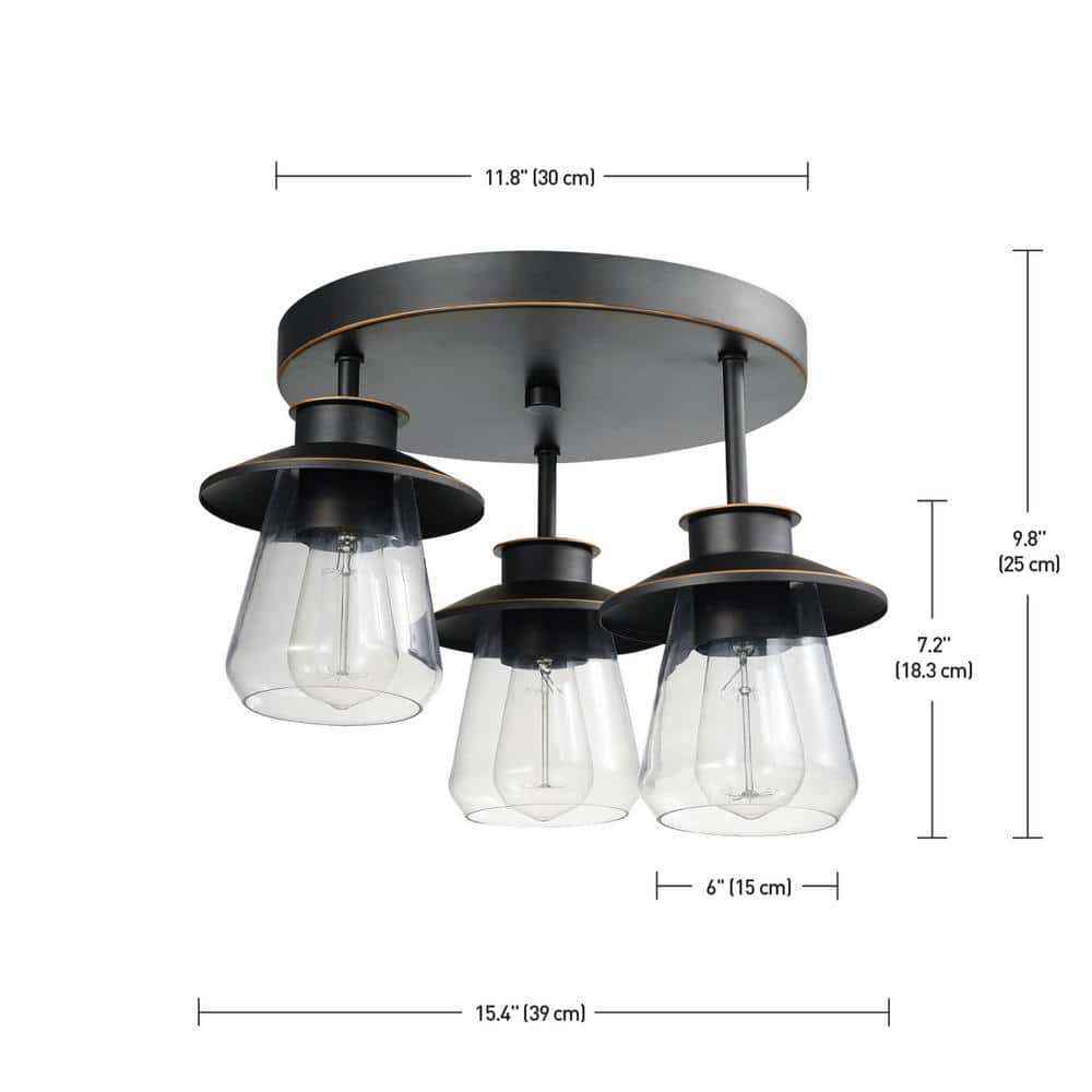 Globe Electric Nate 11 in. 3-Light Oil Rubbed Bronze Semi-Flush Mount Ceiling Light with Clear Glass Shades