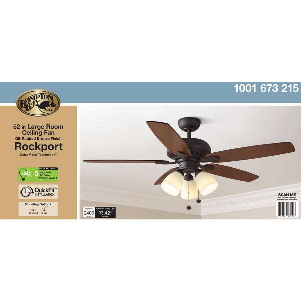 Hampton Bay Rockport 52 in. Indoor LED Oil Rubbed Bronze Ceiling Fan with Light Kit, Downrod, Reversible Blades and Reversible Motor