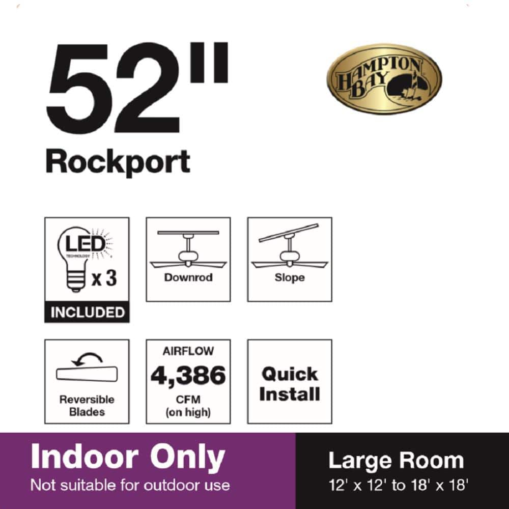 Hampton Bay Rockport 52 in. Indoor LED Oil Rubbed Bronze Ceiling Fan with Light Kit, Downrod, Reversible Blades and Reversible Motor