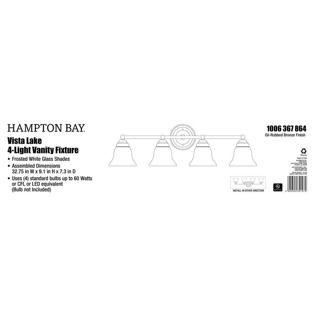 Hampton Bay Vista Lake 32.75 in. 4-Light Oil-Rubbed Bronze Bathroom Vanity Light with Frosted Glass Shades