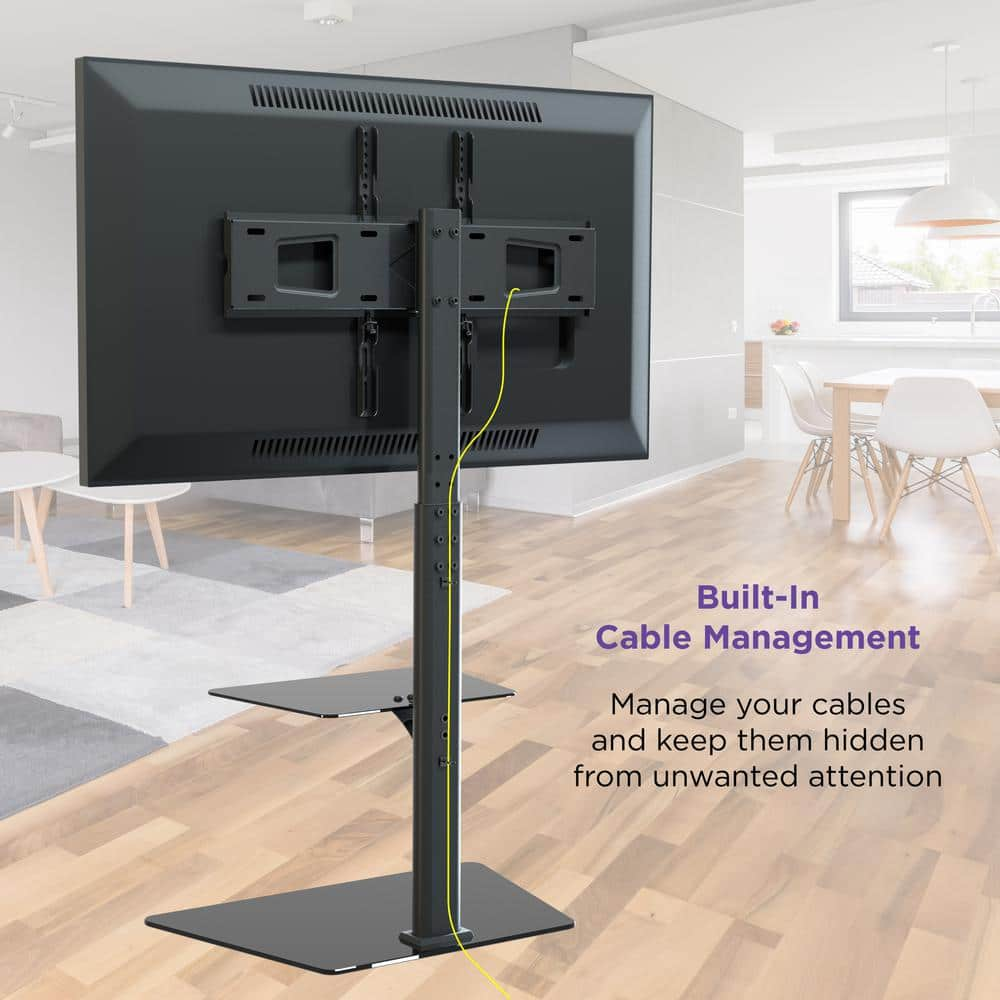 ProMounts Heavy Duty Swivel Floor Stand Mount with Shelves For 37-70 inch TVs up to 88lbs with Sleek Glass Base and 35° Swivel